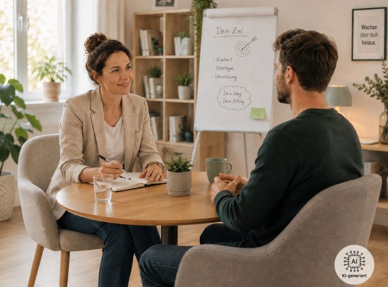 Coachingssitutation Coachingsitutation. Zwei Personen unterhalten sich an einem runden Tisch